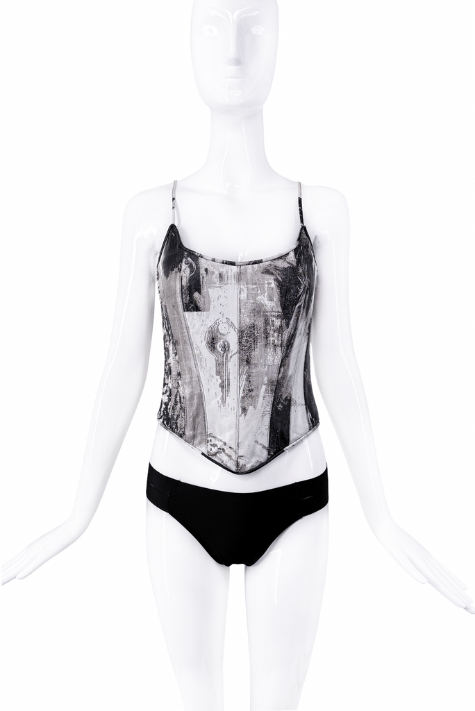 Roberto Cavalli Black & White Leather Print Corset Top