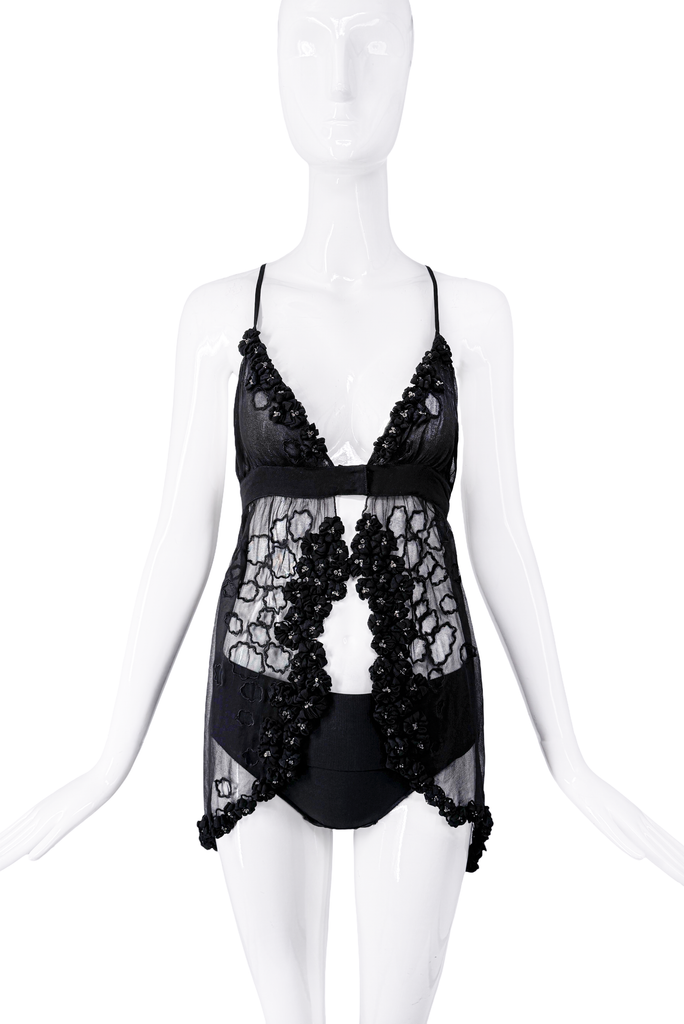 Roberto Cavalli Black Mesh Floral Crochet Open Front Draped Top