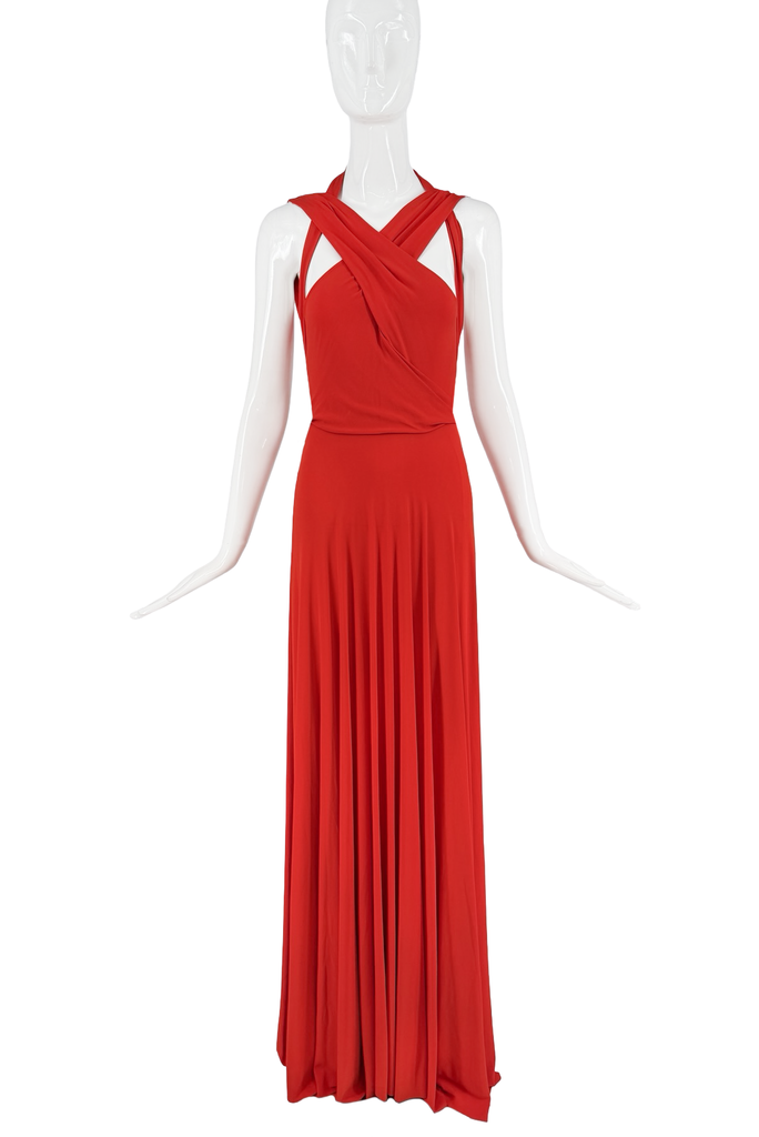 Pleid Sud Red Cross Halter Draped Open Back Dress Gown