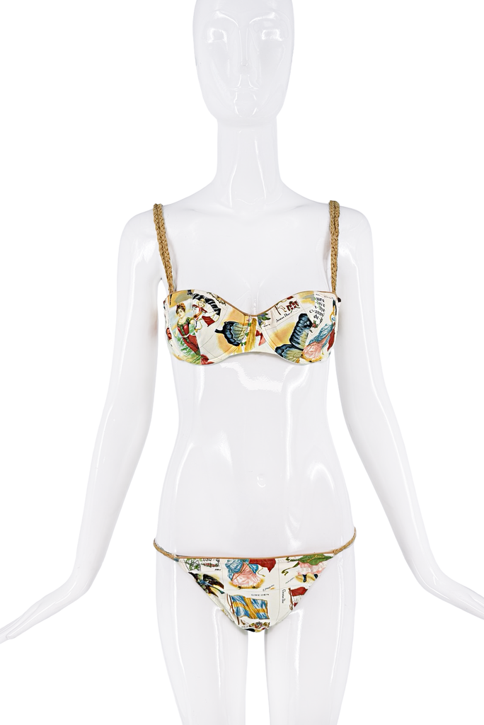 Christian Dior x Galliano White Blue Red Green Multicolor "Timbre" Postcard Graphic Print Bikini