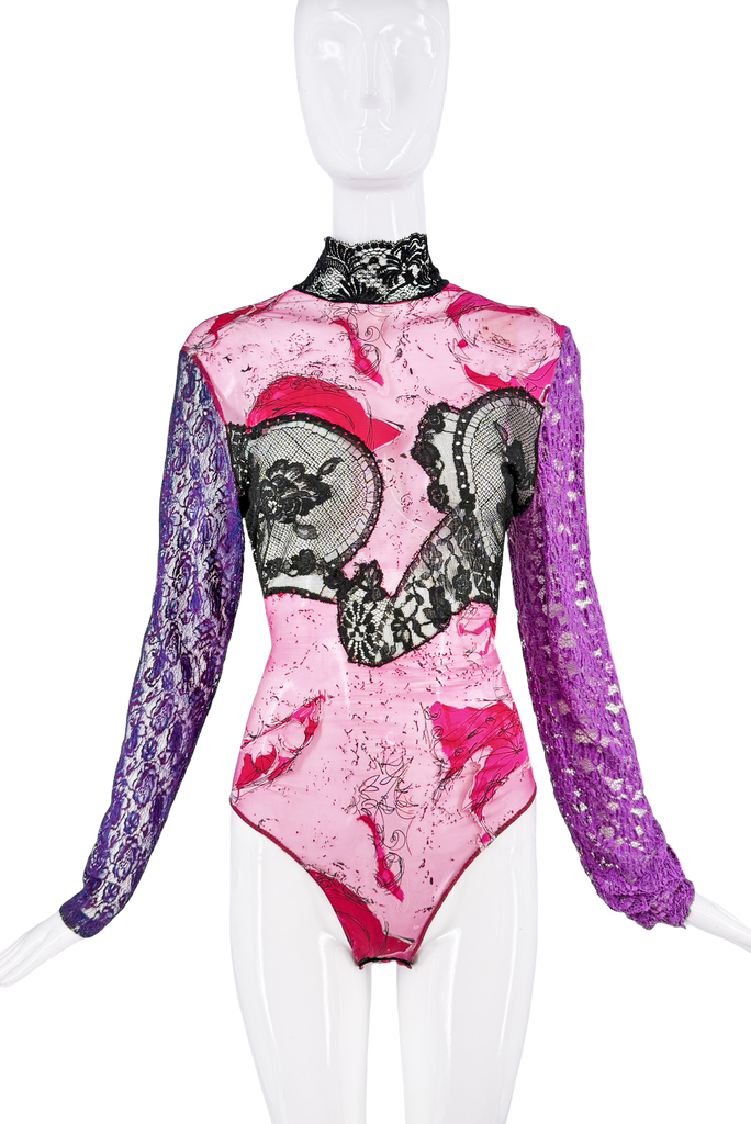 Christian Lacroix Pink Purple Lace Sheer Abstract Pattern High Neck Bodysuit