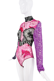 Christian Lacroix Pink Purple Lace Sheer Abstract Pattern High Neck Bodysuit