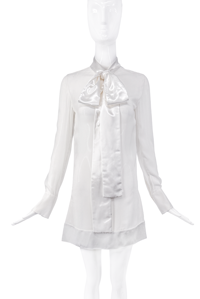 Givenchy White Chiffon Silk Trim & Bow Necktie Sheer Longsleeve Blouse Dress