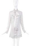 Givenchy White Chiffon Silk Trim & Bow Necktie Sheer Longsleeve Blouse Dress