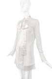 Givenchy White Chiffon Silk Trim & Bow Necktie Sheer Longsleeve Blouse Dress