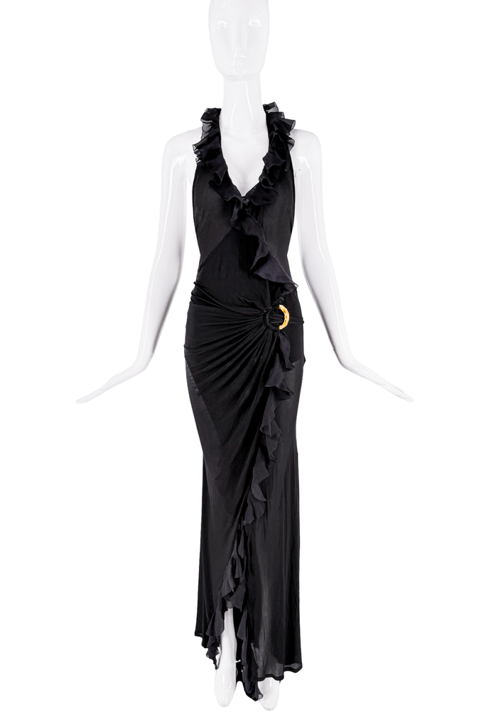 Roberto Cavalli Black Ruffle Sheer Wrap Tie Halter Dress Gown