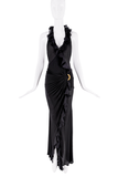 Roberto Cavalli Black Ruffle Sheer Wrap Tie Halter Dress Gown