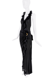 Roberto Cavalli Black Ruffle Sheer Wrap Tie Halter Dress Gown