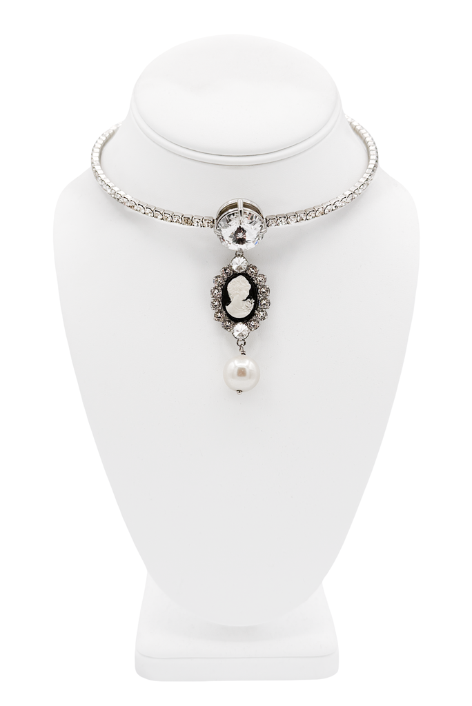 Vintage Silver Crystal Black & White Enamel Portrait Pendant Pearl Drop Choker Necklace