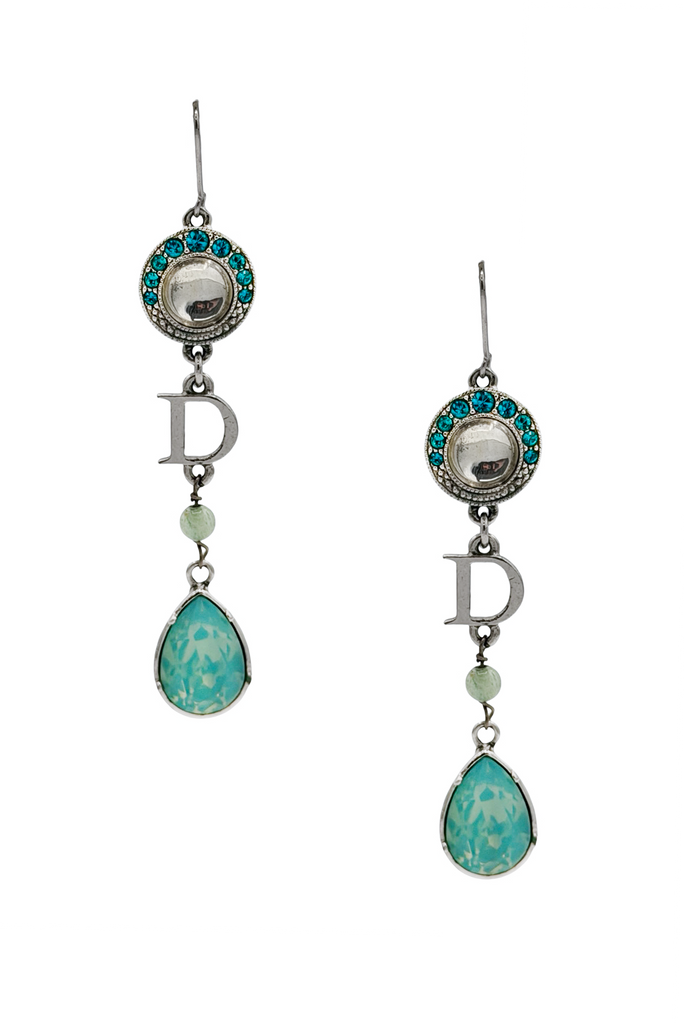Christian Dior Silver Blue Gemstone Bead Logo Teardrop Earrings Resort 2008