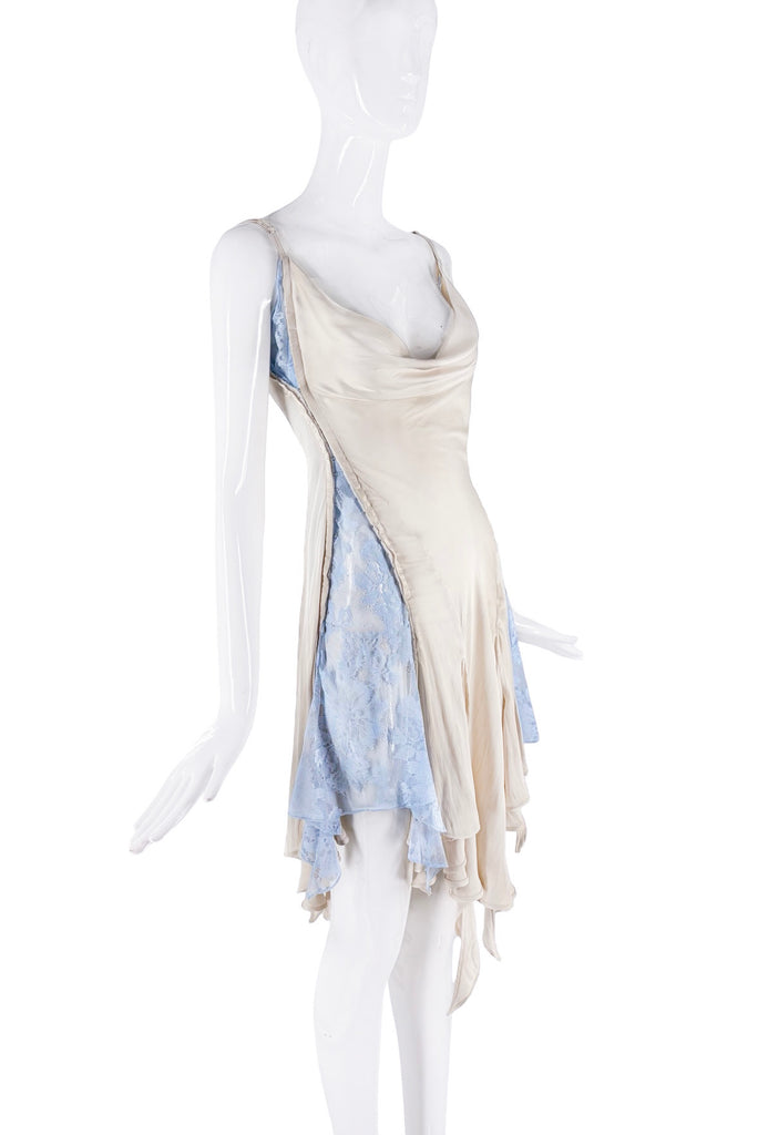 Y-Project White Silk Blue Lace Layered Drape Asymmetric Dress