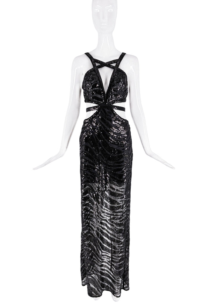 Roberto Cavalli Black Lace Sequin Zebra Print Cut Out Halter Dress Gown