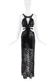Roberto Cavalli Black Lace Sequin Zebra Print Cut Out Halter Dress Gown