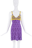 John Galliano Purple Yellow Lace Logo Slip Dress