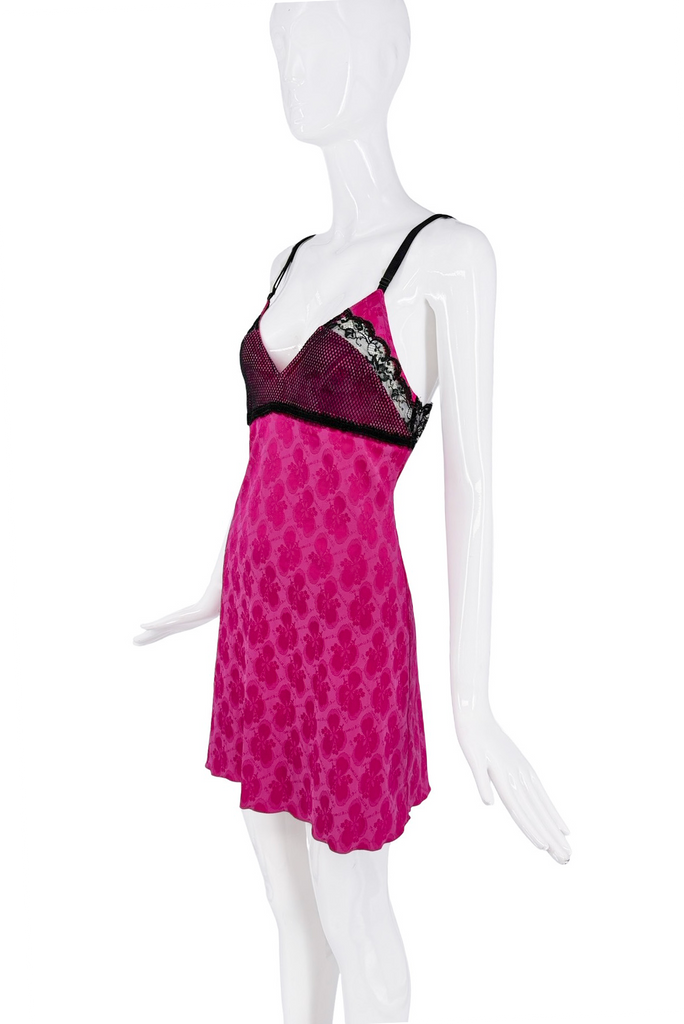 John Galliano Pink Black Lace Flower Print Slip Dress