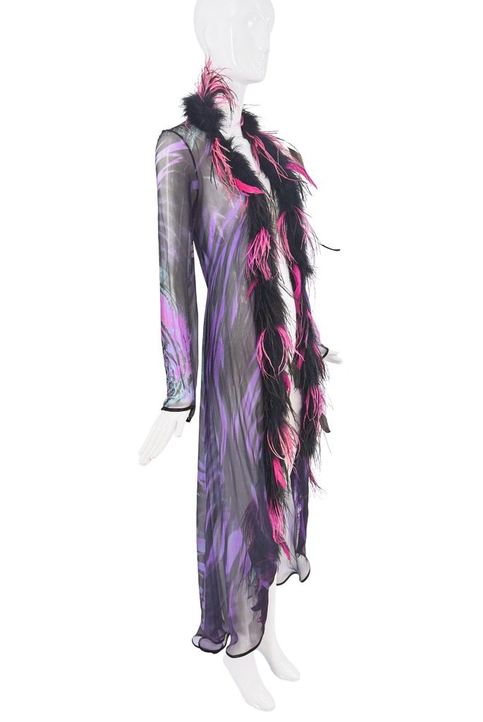 Roberto Cavalli Purple Black Pink Sheer Abstract Print Feather Robe Shawl