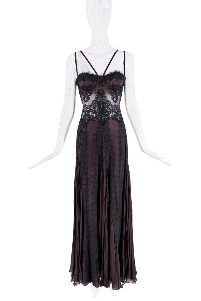 Versace Brown Black Lace Pleated Mesh Cut Out Bustier Dress Gown