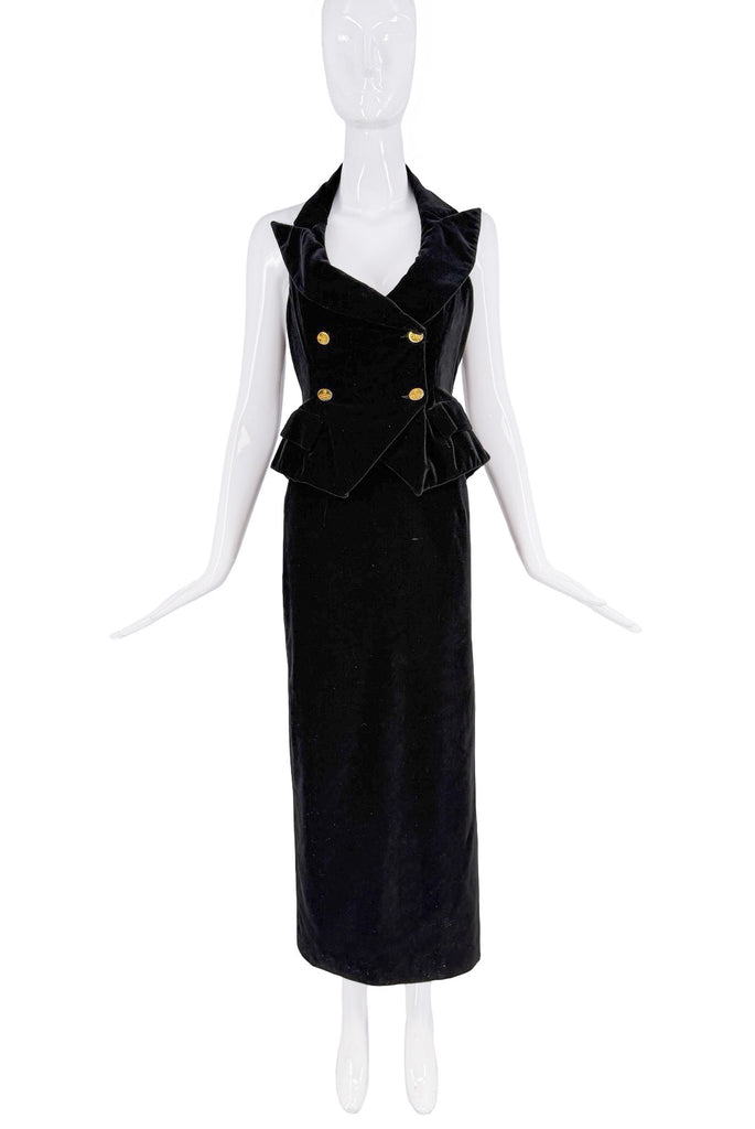 Vivienne Westwood Black Velvet Gold Button Orb Logo Vest & Pencil Skirt Set
