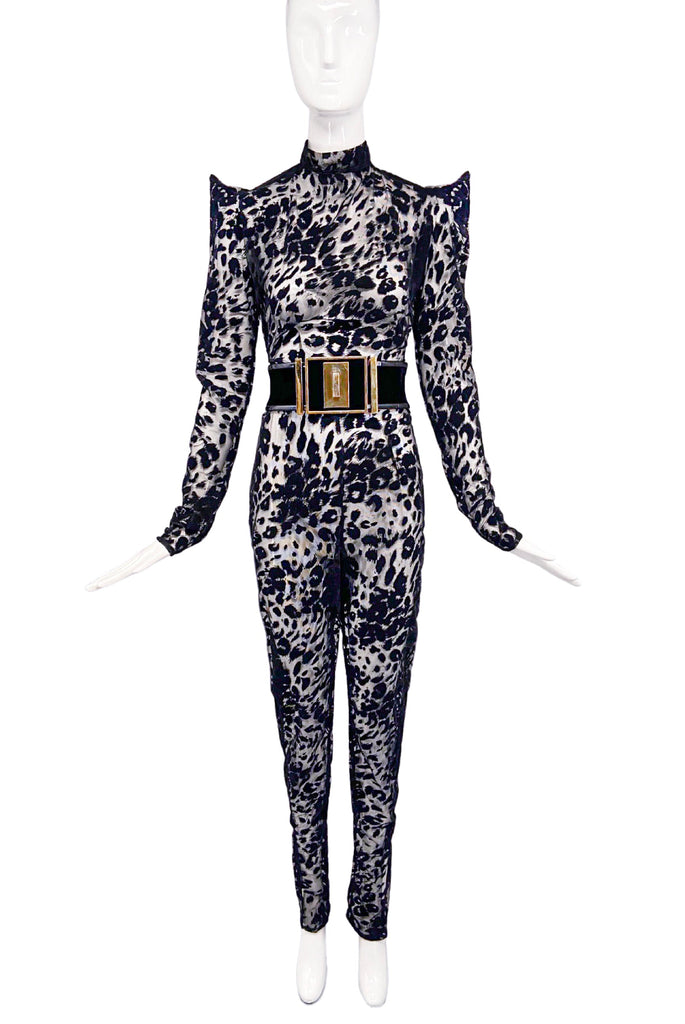 Vintage Black Velvet Sheer Burn Out Leopard Print Pointy Shoulder Catsuit Jumpsuit