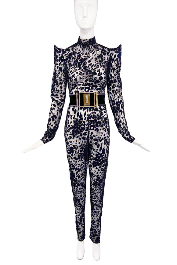 Vintage Black Velvet Sheer Burn Out Leopard Print Pointy Shoulder Catsuit Jumpsuit