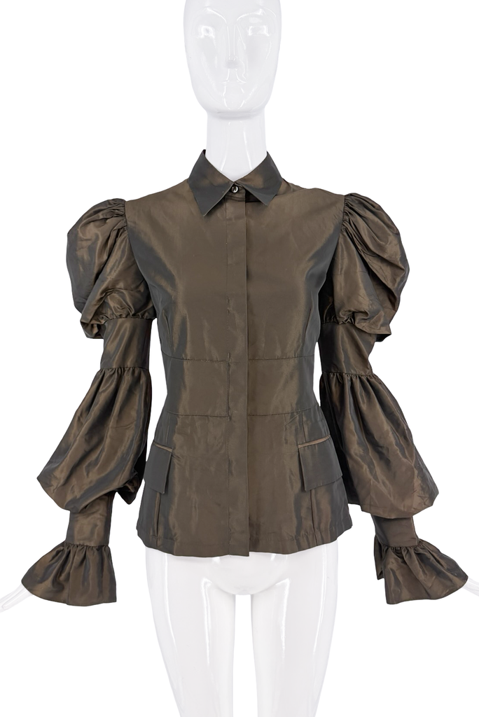 Gianfranco Ferre Brown Metallic Puff Sleeve Collared Blouse Top