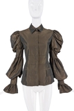 Gianfranco Ferre Brown Metallic Puff Sleeve Collared Blouse Top