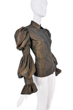 Gianfranco Ferre Brown Metallic Puff Sleeve Collared Blouse Top