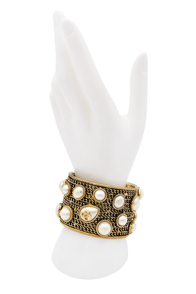 Chanel Gold Chain Mesh Pearl Cluster Embellished Logo Cuff Bracelet