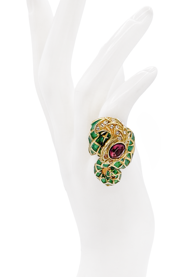 Roberto Cavalli Gold Green Enamel Pink Gemstone Snake Ring
