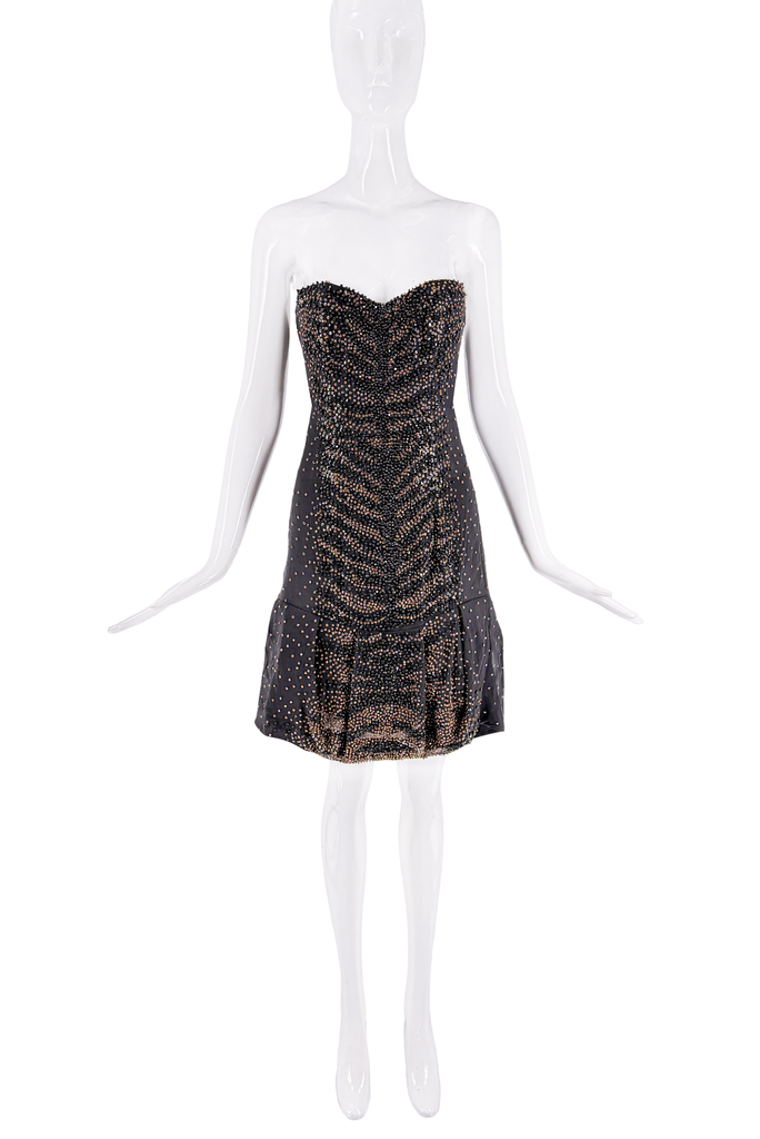 Roberto Cavalli Black Brown Beaded Tiger Pattern Strapless Drop Waist Dress