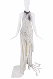 Perception White Cross Stitched Hip Padded Gunmetal Chainmail Collar Shredded Dress Gown