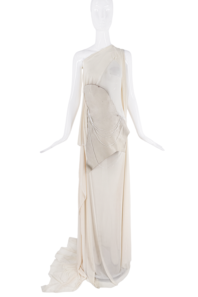 Perception White Sheer Leather Chest Plate Asymmetric Draped Dress Gown