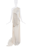 Perception White Sheer Leather Chest Plate Asymmetric Draped Dress Gown