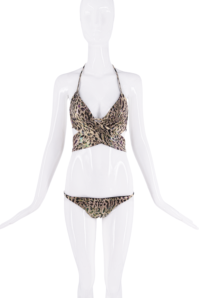 Roberto Cavalli Black Brown Iridescent Cross String Cut Out Bikini Swimsuit