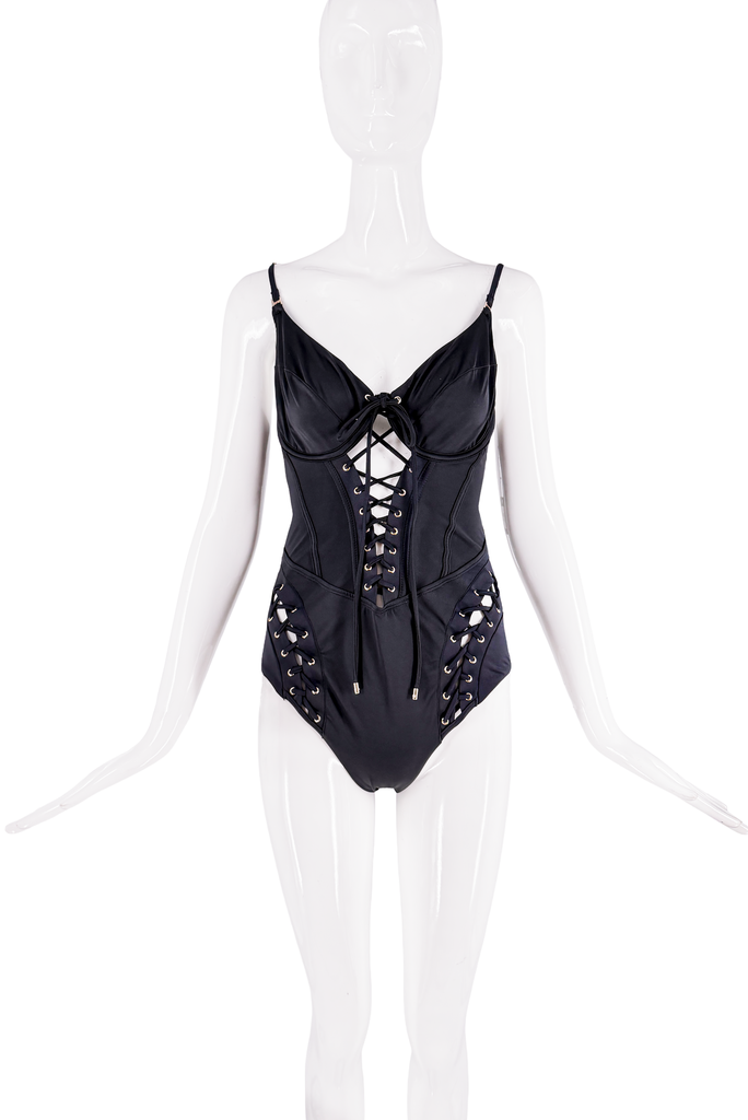 Honey Bridgette Black Lace Up Cut Out One Piece Swimsuit