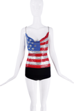 Vintage Silver Chainmail Red Blue American Flag Open Back Tank Top