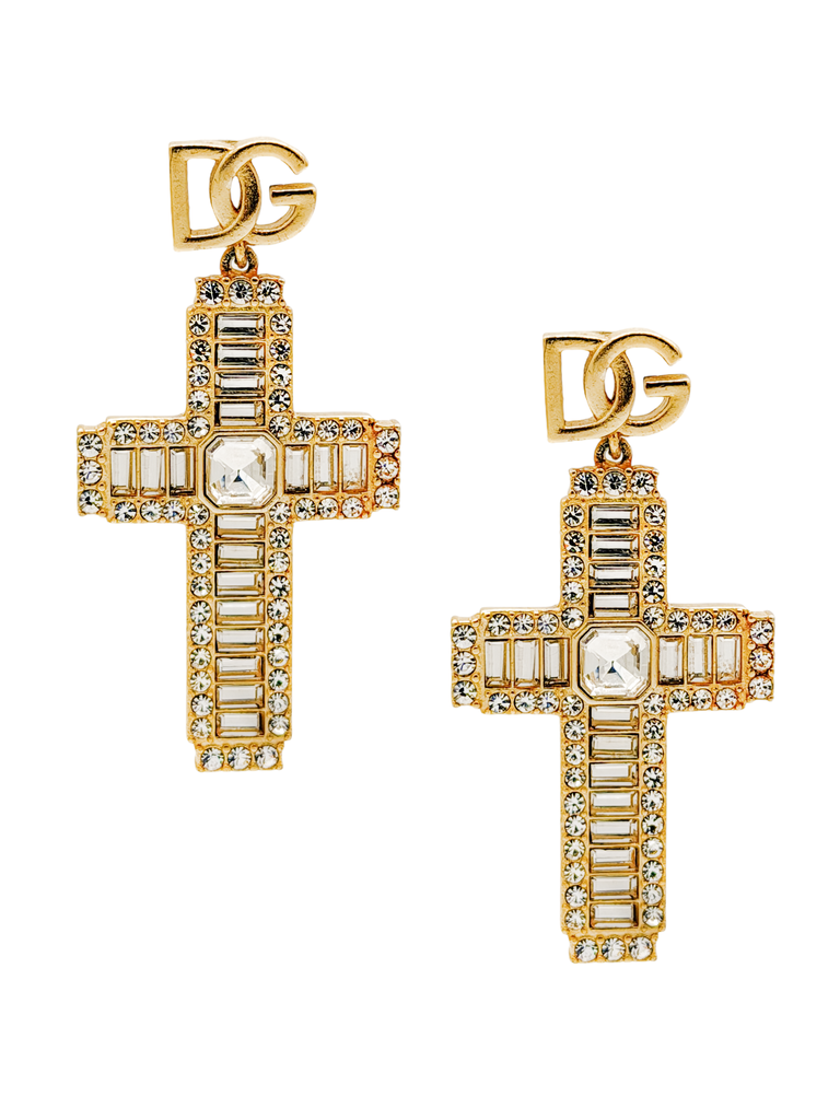 Dolce & Gabbana Gold Baguette Crystal Cross Logo Earrings