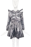 Sonia Rykiel Silver Metallic Gray Ruffle Shoulder Baby Doll Space Dress