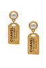 Chanel Gold Pearl Stud Logo Name Tag Drop Earrings