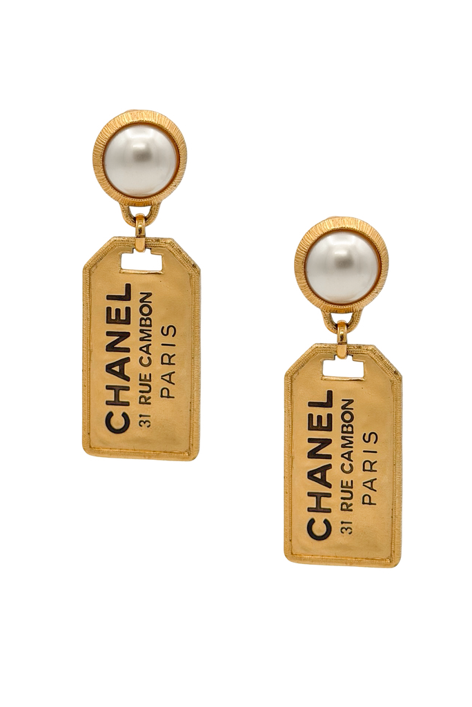 Chanel Gold Pearl Stud Logo Name Tag Drop Earrings