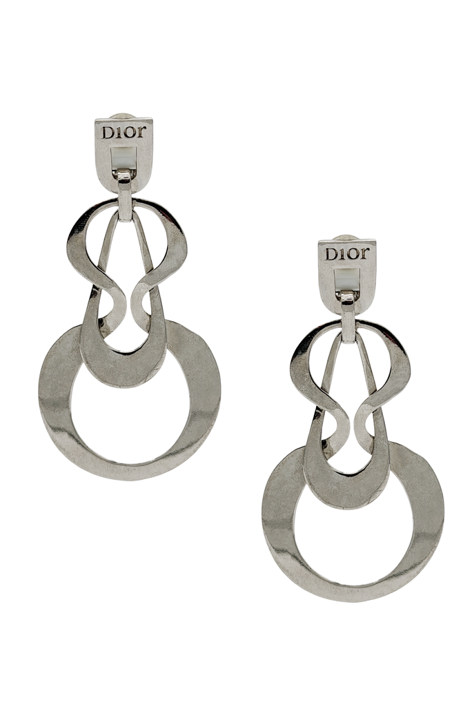 Christian Dior Silver Geometric Curled Layered Hoop Logo Earrings