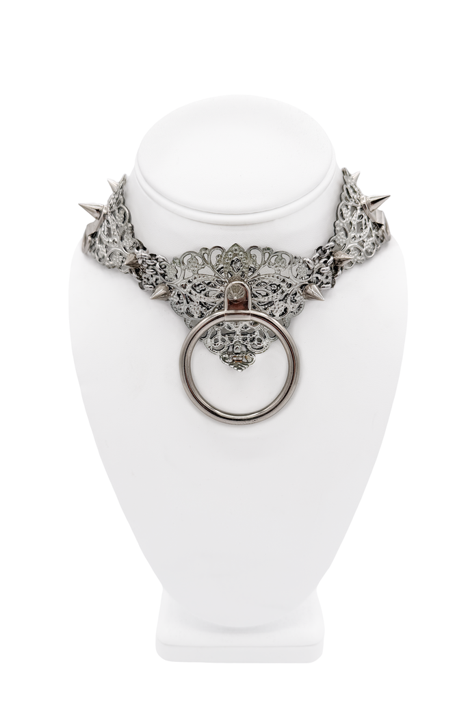 Lory Sun Silver Embellished Spike Large O-Ring Choker Necklace