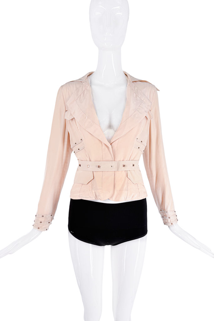 Gucci Baby Pink Silk Satin Studded Belt Blazer Jacket