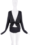 Gucci Black Silk Satin Longsleeve Plunging Neckline Blouse