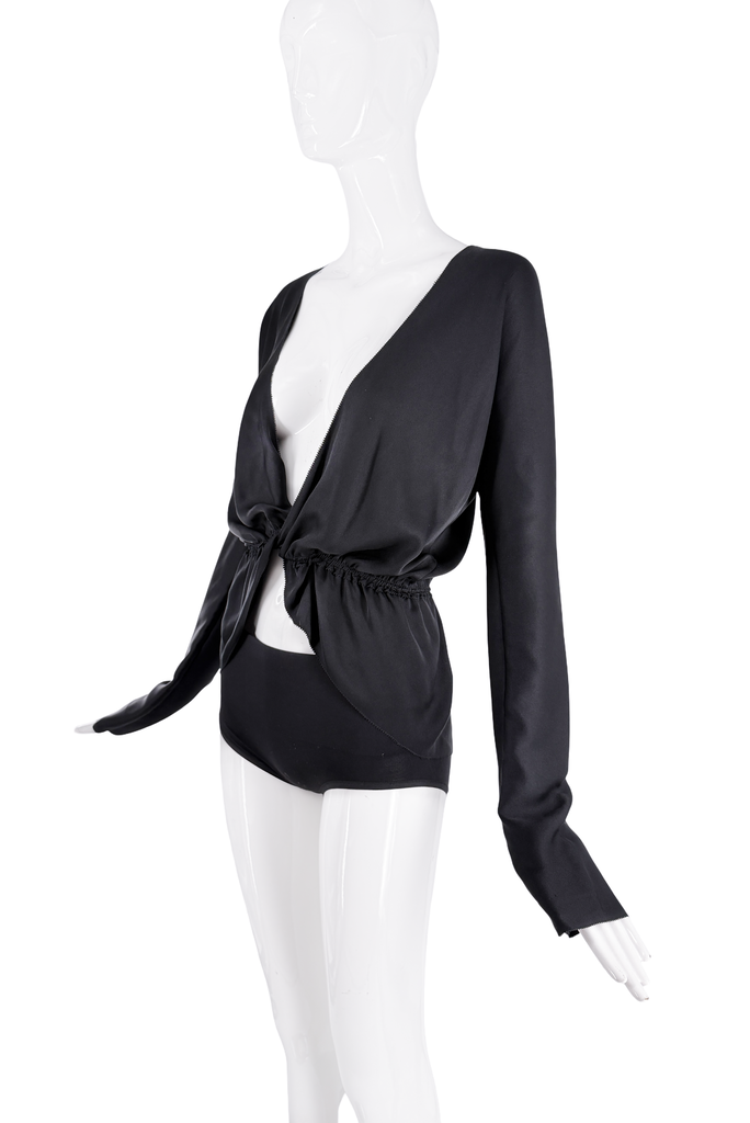 Gucci Black Silk Satin Longsleeve Plunging Neckline Blouse