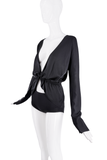 Gucci Black Silk Satin Longsleeve Plunging Neckline Blouse