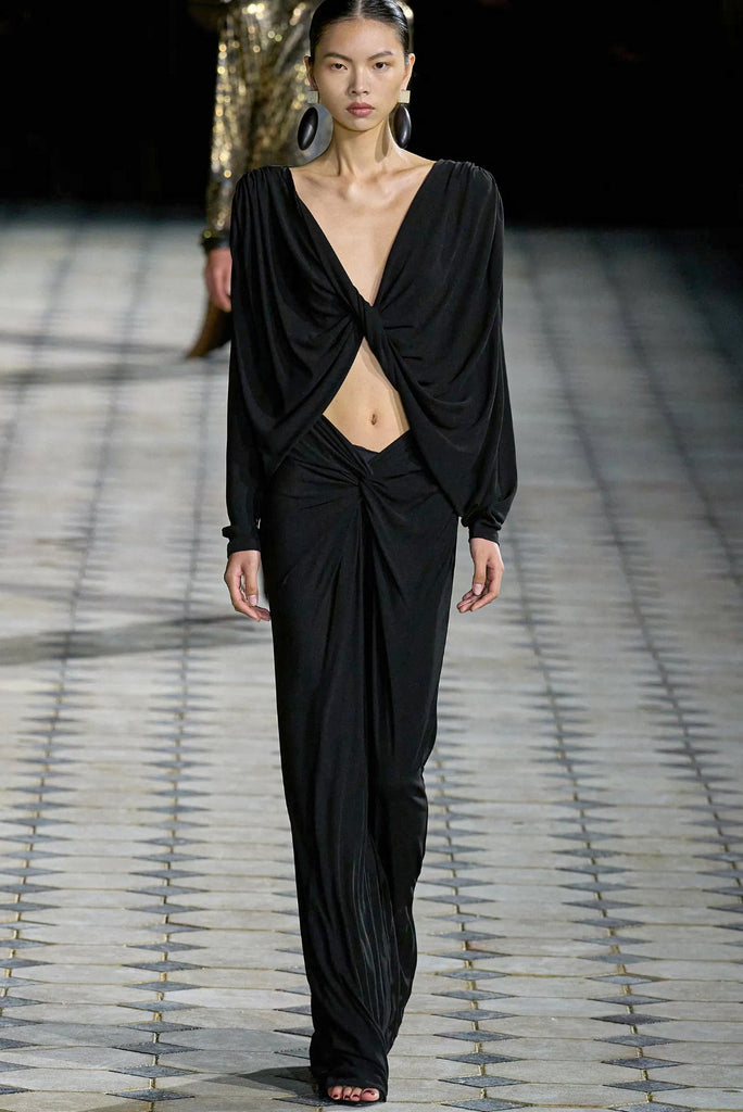 Saint Laurent Black Long Sleeve Cut Out Draped Dress Gown Spring 2023