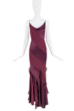Roberto Cavalli Purple Maroon Satin Silk Striped Bias Cut Ruffle Dress Gown