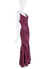 Roberto Cavalli Purple Maroon Satin Silk Striped Bias Cut Ruffle Dress Gown