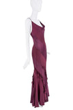 Roberto Cavalli Purple Maroon Satin Silk Striped Bias Cut Ruffle Dress Gown